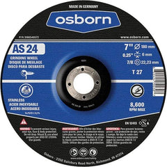 Osborn - 24 Grit, 7" Wheel Diam, 1/4" Wheel Thickness, 7/8" Arbor Hole, Type 27 Depressed Center Wheel - Coarse Grade, Aluminum Oxide, 8,600 Max RPM - Americas Industrial Supply