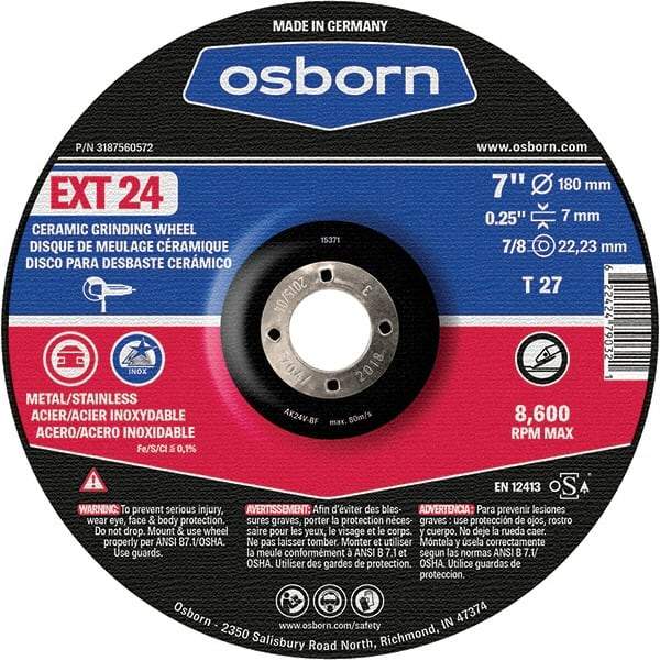 Osborn - 24 Grit, 7" Wheel Diam, 1/4" Wheel Thickness, 7/8" Arbor Hole, Type 27 Depressed Center Wheel - Coarse Grade, Ceramic, 8,600 Max RPM - Americas Industrial Supply