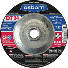 Osborn - 24 Grit, 4-1/2" Wheel Diam, 1/4" Wheel Thickness, Type 27 Depressed Center Wheel - Coarse Grade, Ceramic, 13,280 Max RPM - Americas Industrial Supply