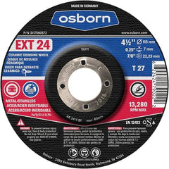 Osborn - 24 Grit, 4-1/2" Wheel Diam, 1/4" Wheel Thickness, 7/8" Arbor Hole, Type 27 Depressed Center Wheel - Coarse Grade, Ceramic, 13,280 Max RPM - Americas Industrial Supply