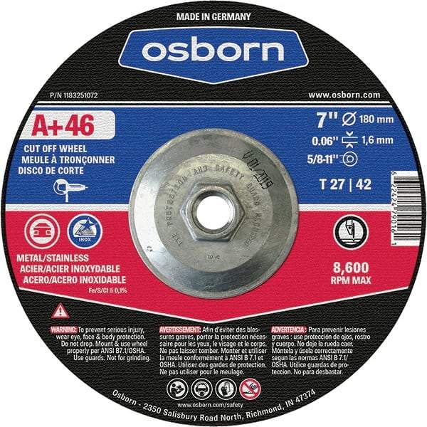 Osborn - 7" 46 Grit Aluminum Oxide Cutoff Wheel - 0.06" Thick, 5/8-11 Arbor, Use with Angle Grinders - Americas Industrial Supply