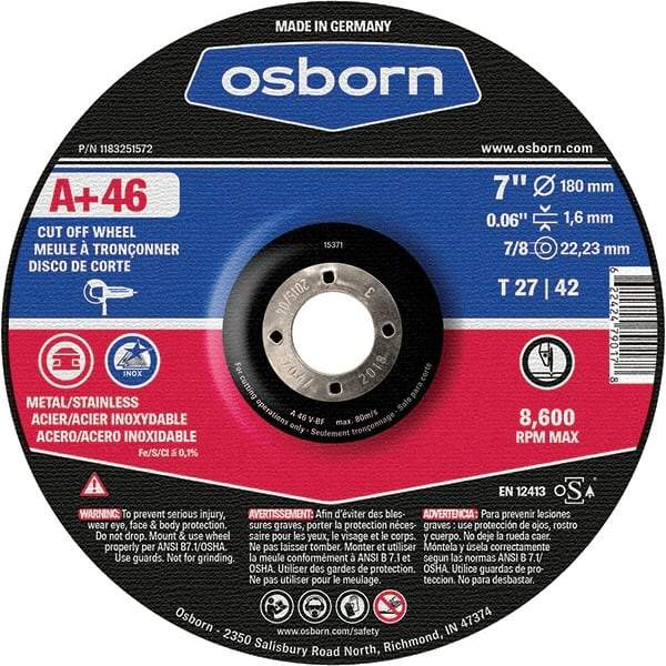 Osborn - 7" 46 Grit Aluminum Oxide Cutoff Wheel - 0.06" Thick, 7/8" Arbor, Use with Angle Grinders - Americas Industrial Supply