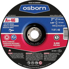 Osborn - 7" 46 Grit Aluminum Oxide Cutoff Wheel - 0.06" Thick, 7/8" Arbor, Use with Angle Grinders - Americas Industrial Supply