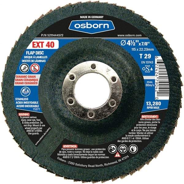 Osborn - 40 Grit, 4-1/2" Disc Diam, 7/8" Center Hole, Type 29 Ceramic Flap Disc - 13,280 Max RPM, Fiberglass Backing, Arbor Attaching System, Coated - Americas Industrial Supply