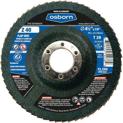 Osborn - 40 Grit, 4-1/2" Disc Diam, 7/8" Center Hole, Type 29 Zirconia Alumina Flap Disc - 13,280 Max RPM, Fiberglass Backing, Arbor Attaching System, Coated - Americas Industrial Supply
