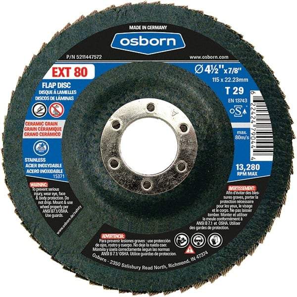 Osborn - 80 Grit, 4-1/2" Disc Diam, 7/8" Center Hole, Type 29 Ceramic Flap Disc - 13,280 Max RPM, Fiberglass Backing, Arbor Attaching System, Coated - Americas Industrial Supply