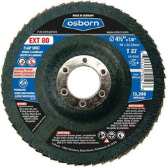 Osborn - 80 Grit, 4-1/2" Disc Diam, 7/8" Center Hole, Type 27 Ceramic Flap Disc - 13,280 Max RPM, Fiberglass Backing, Arbor Attaching System, Coated - Americas Industrial Supply