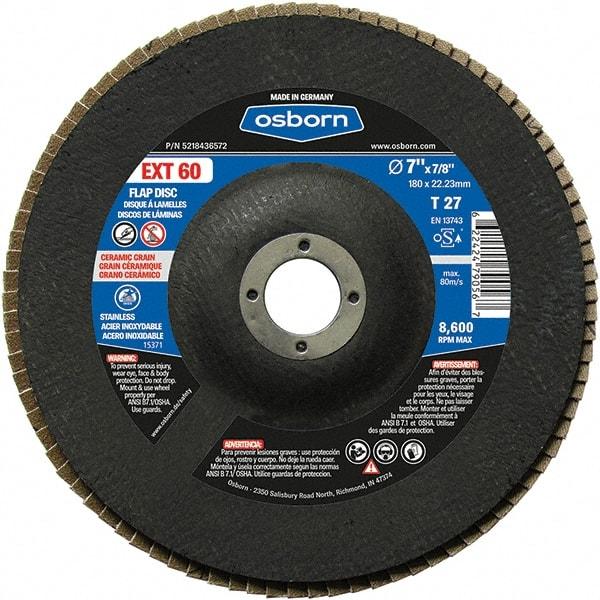 Osborn - 60 Grit, 7" Disc Diam, 7/8" Center Hole, Type 27 Ceramic Flap Disc - 8,600 Max RPM, Fiberglass Backing, Arbor Attaching System, Coated - Americas Industrial Supply