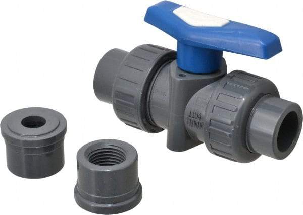 Simtech - 1/2" Pipe, Full Port, PVC True Union Design Ball Valve - Inline - Two Way Flow, FNPT x FNPT (with Socket Adapter) Ends, Tee Handle, 232 WOG - Americas Industrial Supply