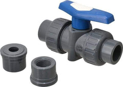 Simtech - 1/2" Pipe, Full Port, PVC True Union Design Ball Valve - Inline - Two Way Flow, FNPT x FNPT (with Socket Adapter) Ends, Tee Handle, 232 WOG - Americas Industrial Supply