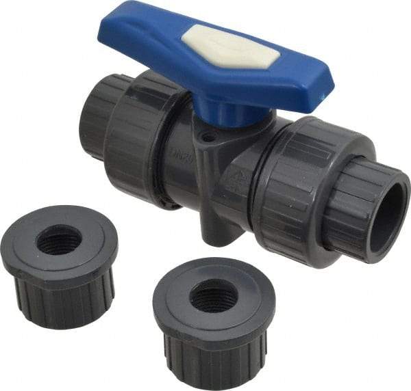 Simtech - 3/4" Pipe, Full Port, PVC True Union Design Ball Valve - Inline - Two Way Flow, FNPT x FNPT (with Socket Adapter) Ends, Tee Handle, 232 WOG - Americas Industrial Supply