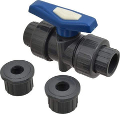 Simtech - 3/4" Pipe, Full Port, PVC True Union Design Ball Valve - Inline - Two Way Flow, FNPT x FNPT (with Socket Adapter) Ends, Tee Handle, 232 WOG - Americas Industrial Supply