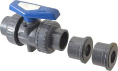 Simtech - 1-1/4" Pipe, Full Port, PVC True Union Design Ball Valve - Inline - Two Way Flow, FNPT x FNPT (with Socket Adapter) Ends, Tee Handle, 232 WOG - Americas Industrial Supply