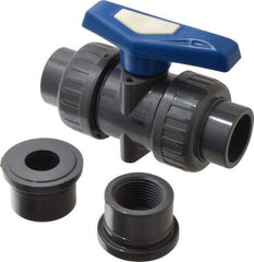 Simtech - 1" Pipe, Full Port, PVC True Union Design Ball Valve - Inline - Two Way Flow, FNPT x FNPT (with Socket Adapter) Ends, Tee Handle, 232 WOG - Americas Industrial Supply