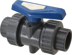 Simtech - 1-1/4" Pipe, Full Port, PVC True Union Design Ball Valve - Inline - Two Way Flow, FNPT x FNPT (with Socket Adapter) Ends, Tee Handle, 232 WOG - Americas Industrial Supply