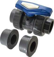Simtech - 1-1/2" Pipe, Full Port, PVC True Union Design Ball Valve - Inline - Two Way Flow, FNPT x FNPT (with Socket Adapter) Ends, Tee Handle, 232 WOG - Americas Industrial Supply