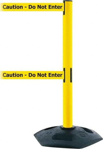 Tensator - 38" High, 2-1/2" Pole Diam, 4 Way Stanchion - 19" Base Diam, Octagon Recycled Rubber Base, Yellow Plastic Post, 13' x 2" Tape, Dual Line Tape, For Outdoor Use - Americas Industrial Supply