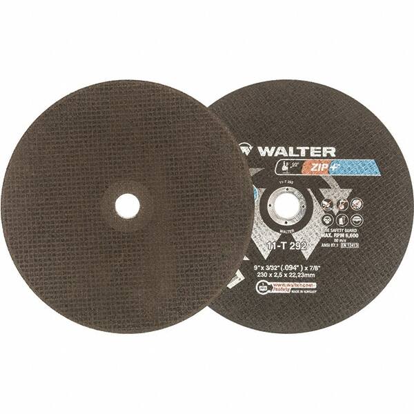 WALTER Surface Technologies - 9" 46 Grit Aluminum Oxide Cutoff Wheel - 3/32" Thick, 7/8" Arbor, 6,600 Max RPM, Use with Angle Grinders - Americas Industrial Supply