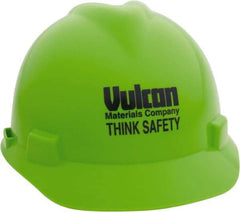 MSA - ANSI Type I, Class E Rated, 4-Point, Ratchet Adjustment Hard Hat - Size 6-1/2 to 8, Bright Lime Green, Standard Brim, Vulcan - Americas Industrial Supply