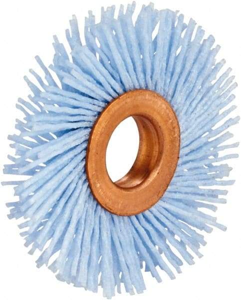 Tanis - 1-1/2" OD, 1/2" Arbor Hole, Crimped Nylon Wheel Brush - 3/16" Face Width, 1/4" Trim Length, 0.028" Filament Diam - Americas Industrial Supply