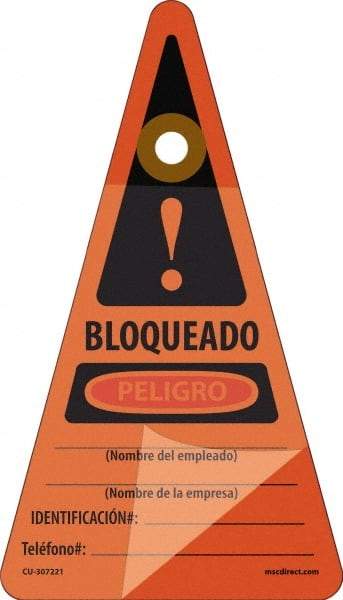 NMC - 7" High x 4" Long, BLOQUEADO - PELIGRO - Nombre del empleado___Nombre de la empresa___ IDENTIFICACION#:___Telefono#:___, Spanish Safety & Facility Lockout Tag - Tag Header: Danger, 1 Side, Orange Unrippable Vinyl - Americas Industrial Supply