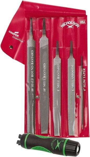 Nicholson - 6 Piece American Pattern File Set - 6", 8", 10" Long, Bastard/Smooth Coarseness, Set Includes Half Round, Mill, Slim Taper - Americas Industrial Supply