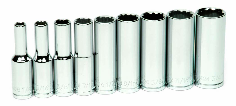 9 Piece - 3/8" Drive - Deep 12 Point Socket Set on Clip Rail SAE - Americas Industrial Supply