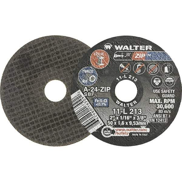 WALTER Surface Technologies - 2" 24 Grit Aluminum Oxide Cutoff Wheel - 1/16" Thick, 3/8" Arbor, 31,000 Max RPM, Use with Die Grinders - Americas Industrial Supply