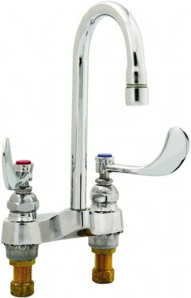 T&S Brass - Faucet Mount, Deck Mount Faucet without Spray - Two Handle, Wrist Blade Handle, Rigid Gooseneck Spout, No Drain - Americas Industrial Supply