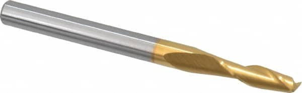SGS - 7/64", 3/8" LOC, 1/8" Shank Diam, 1-1/2" OAL, 2 Flute, Solid Carbide Square End Mill - Single End, TiN Finish, Spiral Flute, 30° Helix, Centercutting, Right Hand Cut, Right Hand Flute, Series 3 - Americas Industrial Supply