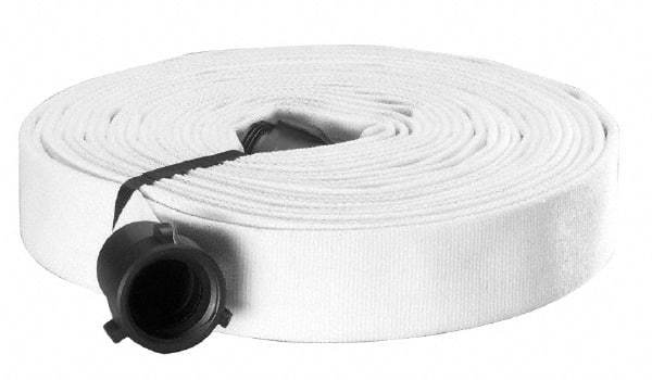 Made in USA - 1-1/2" ID x 1-3/4" OD, 150 Working psi, White Polyester/Rubber Fire Hose, Single Jacket - 1-1/2" NH/NST Ends, 50' Long, -40 to 150°F,450 Burst psi - Americas Industrial Supply