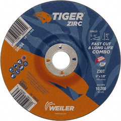 Weiler - 30 Grit, 9" Wheel Diam, 7/8" Arbor Hole, Type 27 Depressed Center Wheel - Hard Grade, Zirconia Alumina, T Hardness, 10,200 Max RPM - Americas Industrial Supply