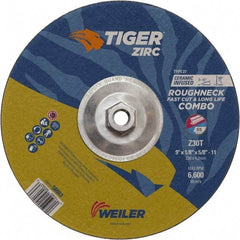 Weiler - 30 Grit, 9" Wheel Diam, Type 27 Depressed Center Wheel - Hard Grade, Zirconia Alumina, T Hardness, 6,600 Max RPM - Americas Industrial Supply