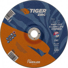 Weiler - 30 Grit, 9" Wheel Diam, 7/8" Arbor Hole, Type 27 Depressed Center Wheel - Hard Grade, Zirconia Alumina, T Hardness, 6,600 Max RPM - Americas Industrial Supply