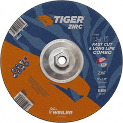 Weiler - 30 Grit, 9" Wheel Diam, Type 27 Depressed Center Wheel - Hard Grade, Zirconia Alumina, T Hardness, 6,600 Max RPM - Americas Industrial Supply