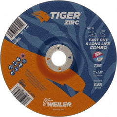 Weiler - 30 Grit, 7" Wheel Diam, 7/8" Arbor Hole, Type 27 Depressed Center Wheel - Hard Grade, Zirconia Alumina, T Hardness, 8,500 Max RPM - Americas Industrial Supply