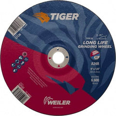 Weiler - 24 Grit, 9" Wheel Diam, 7/8" Arbor Hole, Type 28 Depressed Center Wheel - Medium Grade, Aluminum Oxide, R Hardness, 6,600 Max RPM - Americas Industrial Supply