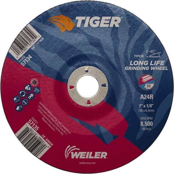 Weiler - 24 Grit, 7" Wheel Diam, 7/8" Arbor Hole, Type 28 Depressed Center Wheel - Medium Grade, Aluminum Oxide, R Hardness, 8,500 Max RPM - Americas Industrial Supply