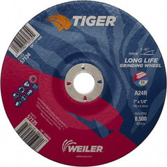 Weiler - 24 Grit, 7" Wheel Diam, 7/8" Arbor Hole, Type 28 Depressed Center Wheel - Medium Grade, Aluminum Oxide, R Hardness, 8,500 Max RPM - Americas Industrial Supply