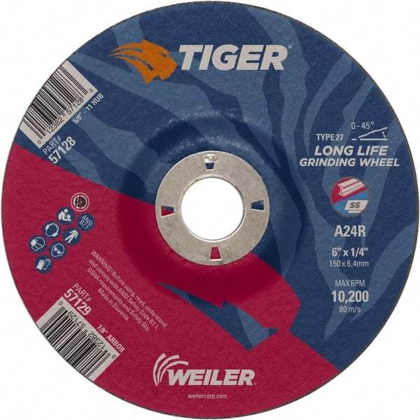 Weiler - 24 Grit, 6" Wheel Diam, 7/8" Arbor Hole, Type 27 Depressed Center Wheel - Medium Grade, Aluminum Oxide, R Hardness, 10,200 Max RPM - Americas Industrial Supply