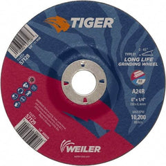 Weiler - 24 Grit, 6" Wheel Diam, 7/8" Arbor Hole, Type 27 Depressed Center Wheel - Medium Grade, Aluminum Oxide, R Hardness, 10,200 Max RPM - Americas Industrial Supply