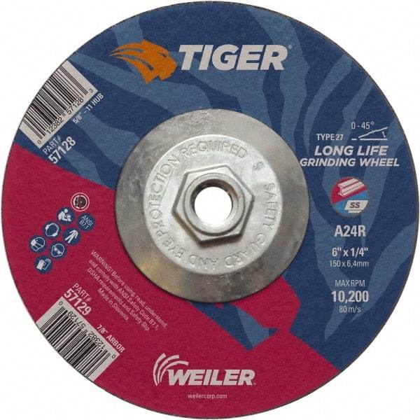 Weiler - 24 Grit, 6" Wheel Diam, Type 27 Depressed Center Wheel - Medium Grade, Aluminum Oxide, R Hardness, 10,200 Max RPM - Americas Industrial Supply