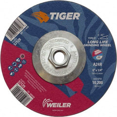 Weiler - 24 Grit, 6" Wheel Diam, Type 27 Depressed Center Wheel - Medium Grade, Aluminum Oxide, R Hardness, 10,200 Max RPM - Americas Industrial Supply
