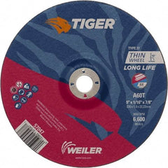 Weiler - 60 Grit, 9" Wheel Diam, 7/8" Arbor Hole, Type 27 Depressed Center Wheel - Hard Grade, Aluminum Oxide, T Hardness, 6,600 Max RPM - Americas Industrial Supply