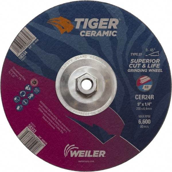 Weiler - 24 Grit, 9" Wheel Diam, Type 27 Depressed Center Wheel - Medium Grade, Ceramic, R Hardness, 6,600 Max RPM - Americas Industrial Supply