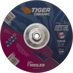 Weiler - 24 Grit, 9" Wheel Diam, Type 27 Depressed Center Wheel - Medium Grade, Ceramic, R Hardness, 6,600 Max RPM - Americas Industrial Supply