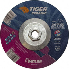 Weiler - 24 Grit, 7" Wheel Diam, Type 27 Depressed Center Wheel - Medium Grade, Ceramic, R Hardness, 8,500 Max RPM - Americas Industrial Supply