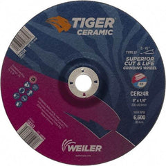 Weiler - 24 Grit, 9" Wheel Diam, 7/8" Arbor Hole, Type 27 Depressed Center Wheel - Medium Grade, Ceramic, R Hardness, 6,600 Max RPM - Americas Industrial Supply