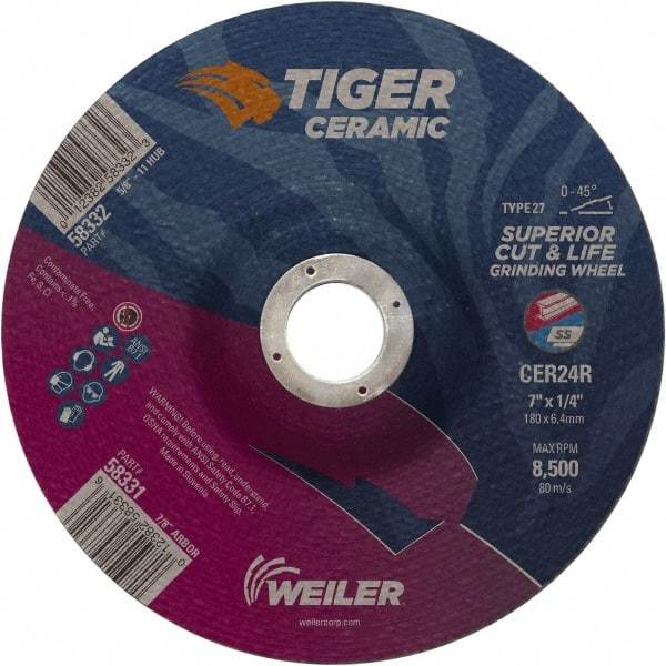 Weiler - 24 Grit, 7" Wheel Diam, 7/8" Arbor Hole, Type 27 Depressed Center Wheel - Medium Grade, Ceramic, R Hardness, 8,500 Max RPM - Americas Industrial Supply