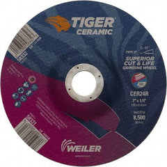 Weiler - 24 Grit, 7" Wheel Diam, 7/8" Arbor Hole, Type 27 Depressed Center Wheel - Medium Grade, Ceramic, R Hardness, 8,500 Max RPM - Americas Industrial Supply